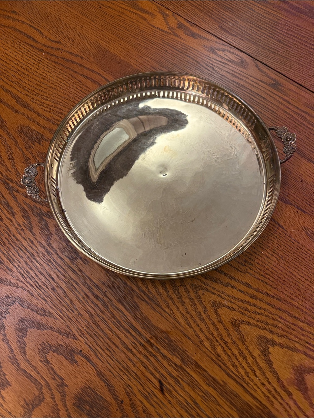 Vintage Round Metal Serving Tray with Ornate Handles - Brass